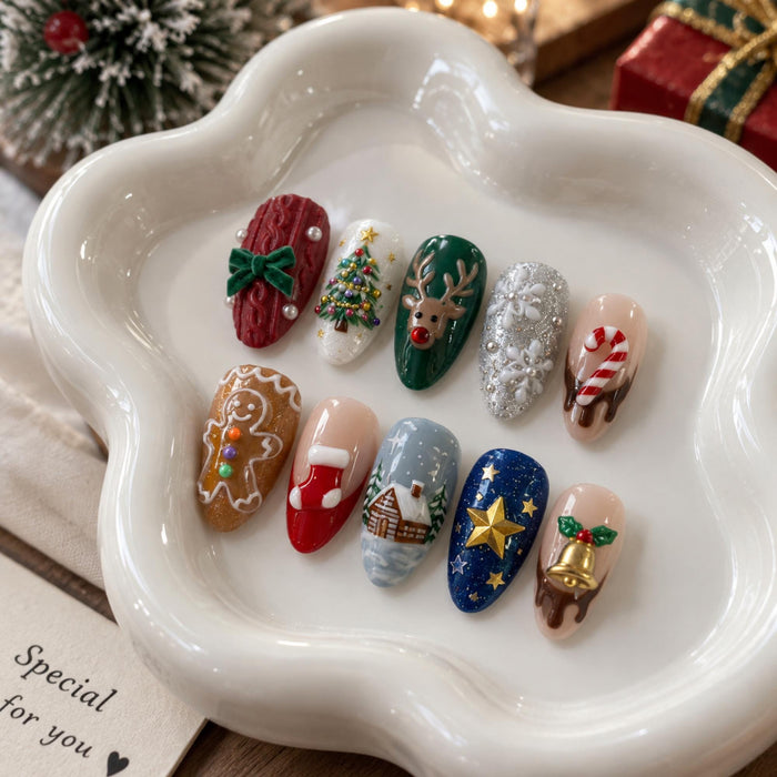Christmas Press On Nails With 3D Sweater, Reindeer, Tree, Candy Cane and Gingerbread Art