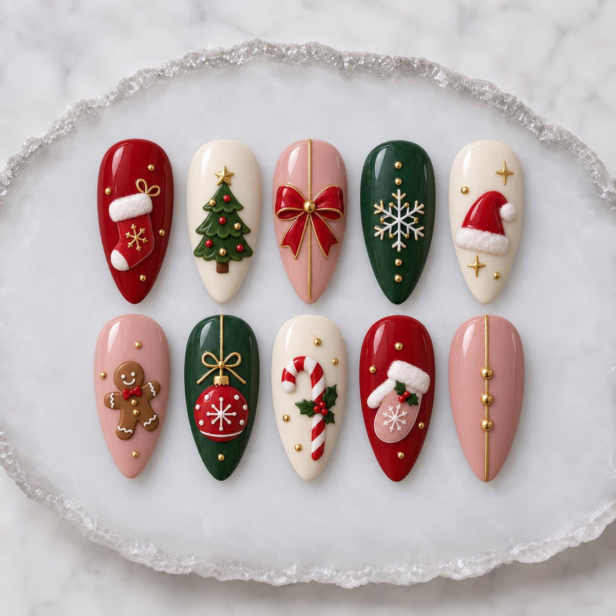 Christmas Press On Nails with 3D Trees, Bows, Gingerbread and Candy Canes