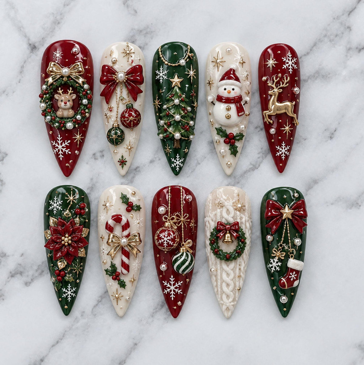 Christmas Press On Nails With 3D Wreaths, Bows, Reindeer and Gold Accents
