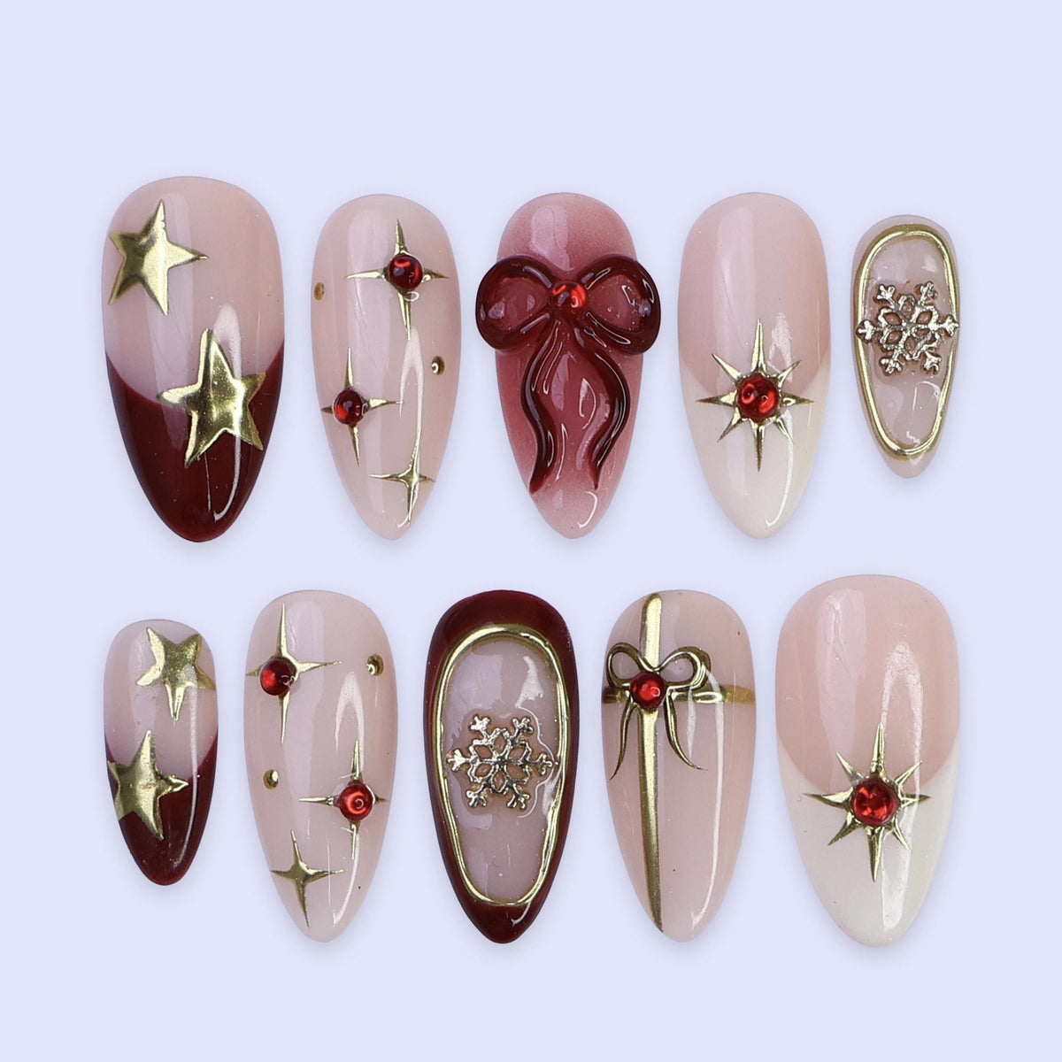 Christmas Press On Nails With Burgundy Bow, Gold Stars and Snowflakes