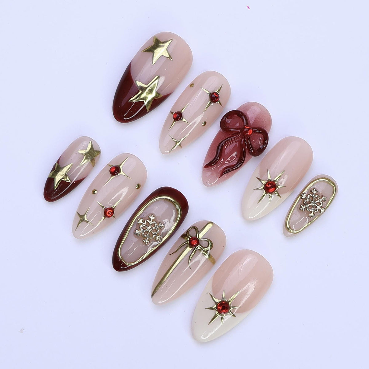 Christmas Press On Nails With Burgundy Bow, Gold Stars and Snowflakes