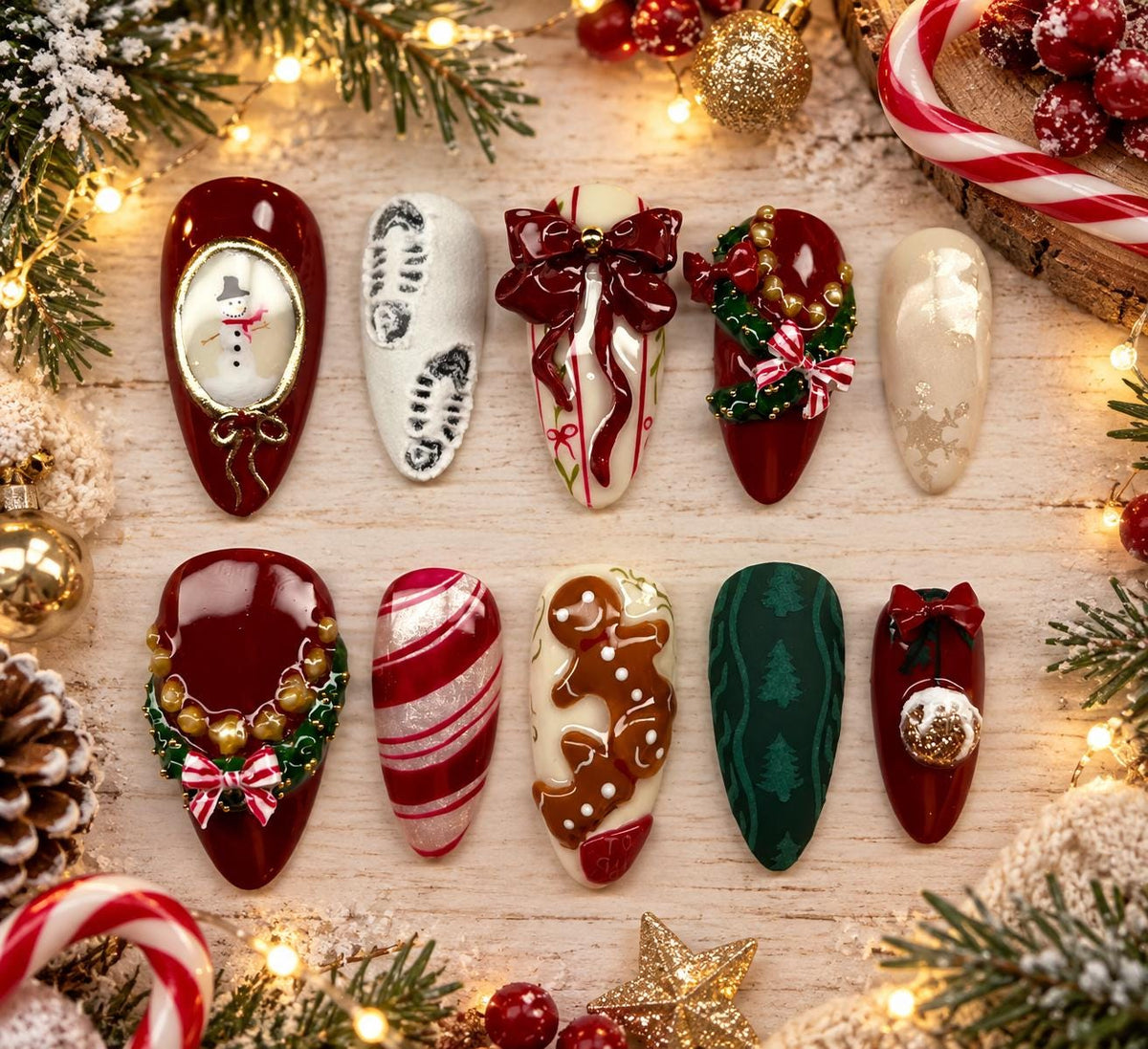 Christmas Press-On Nails with Burgundy Bows, Snowmen, Wreaths and Candy Cane Stripes