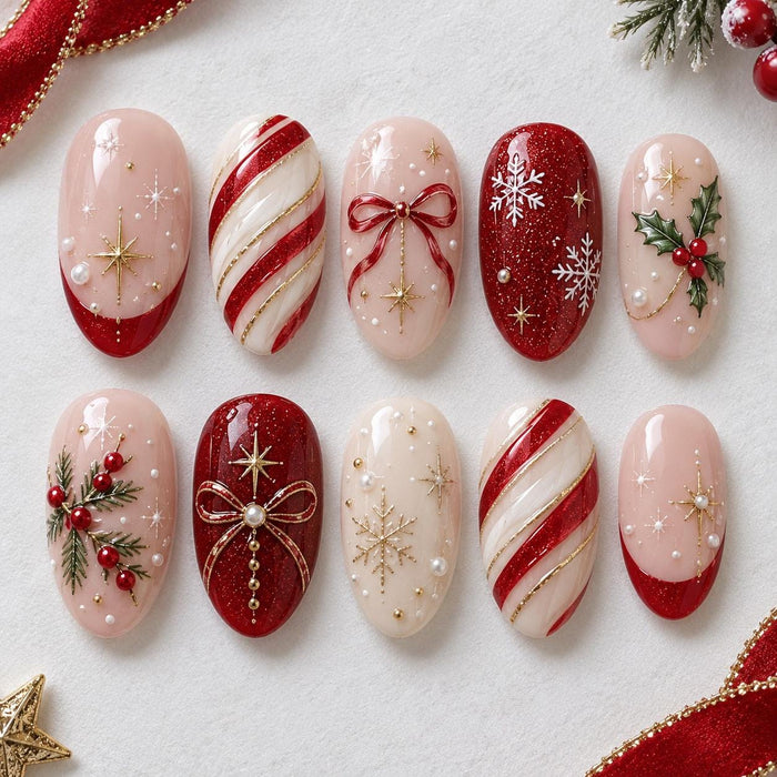 Christmas Press On Nails With Candy Cane Stripes, Red Bows, and Gold Snowflakes