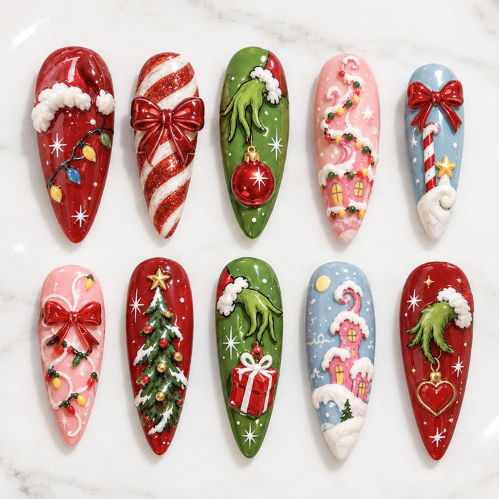 Christmas Press On Nails With Candy Canes, Bows, Trees and Playful Green Monster Art