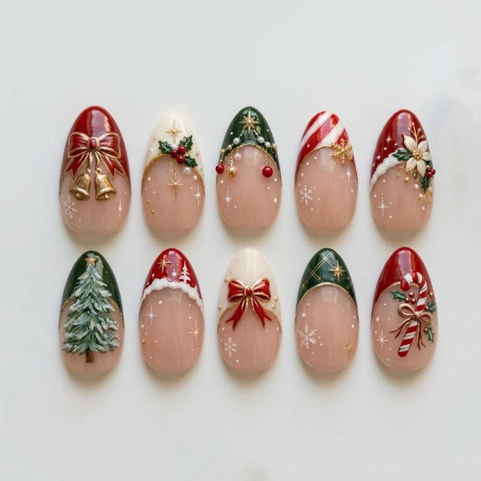 Christmas Press On Nails With Candy Canes, Evergreen Trees, Gold Bows and Bells