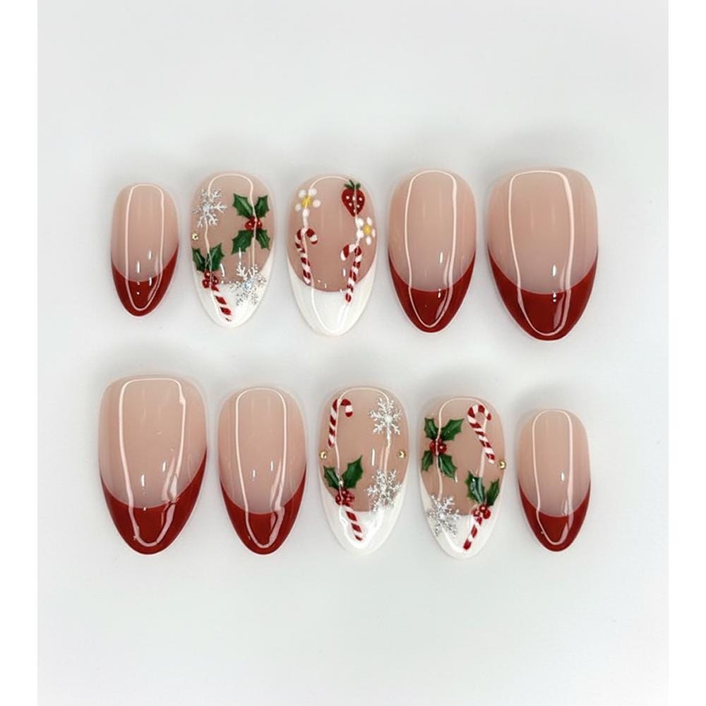 Christmas Press On Nails with Candy Canes, Holly, Snowflakes & Red French Tips