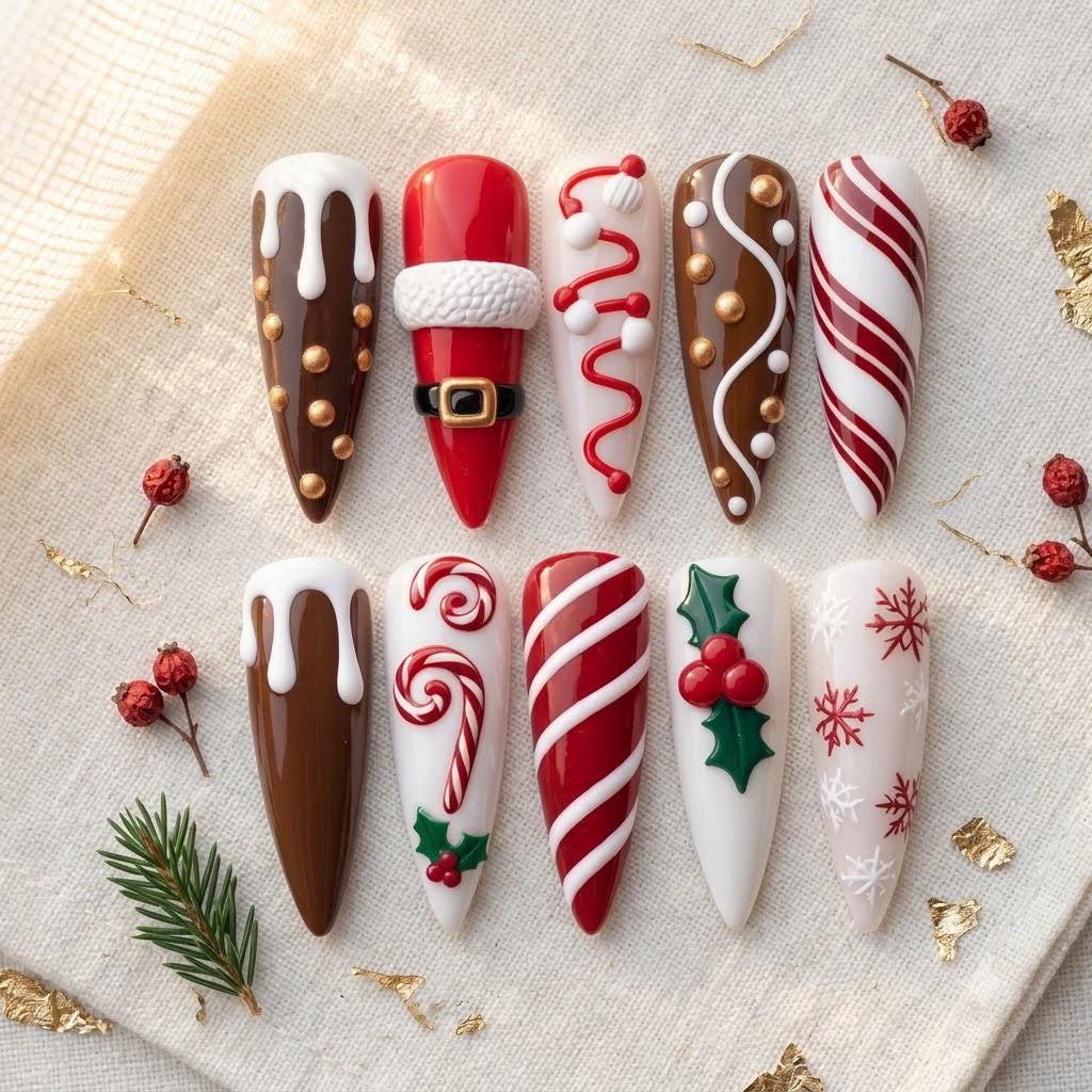 Christmas Press On Nails with Candy Canes, Santa Suit, Chocolate Drips and Holly