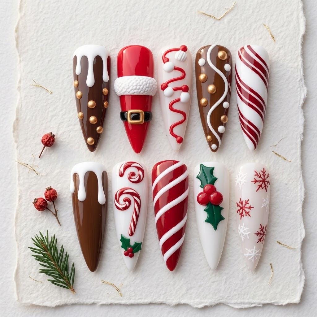 Christmas Press On Nails with Candy Canes, Santa Suit, Chocolate Drips and Holly