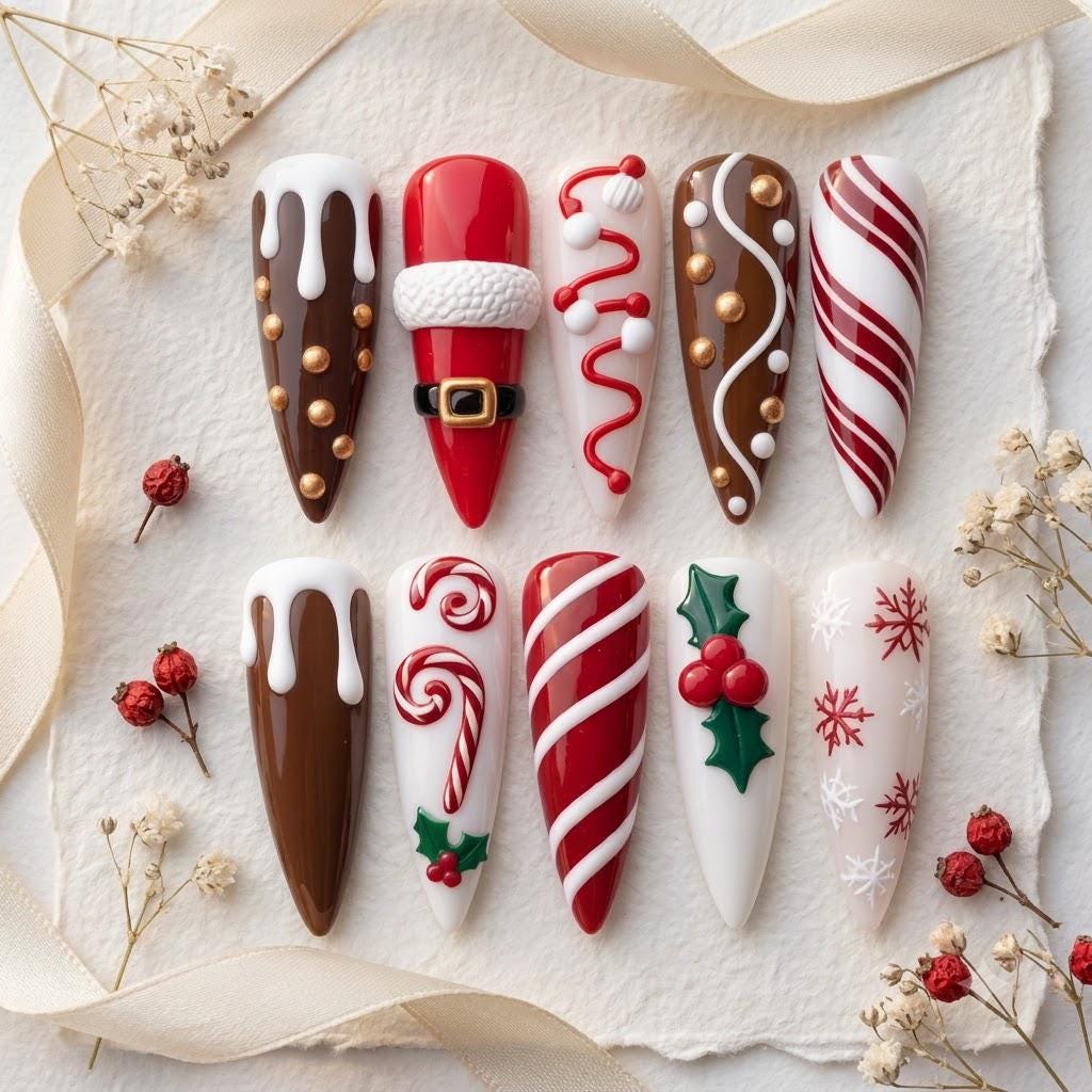 Christmas Press On Nails with Candy Canes, Santa Suit, Chocolate Drips and Holly