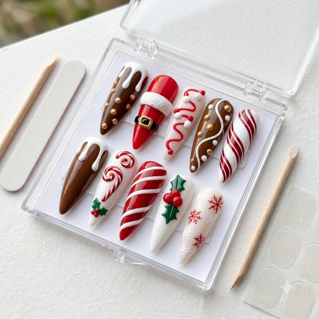 Christmas Press On Nails with Candy Canes, Santa Suit, Chocolate Drips and Holly