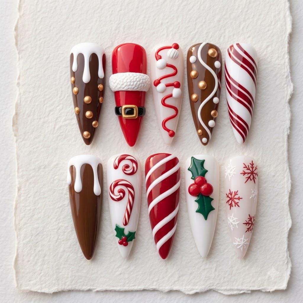 Christmas Press On Nails with Candy Canes, Santa Suit, Chocolate Drips and Holly