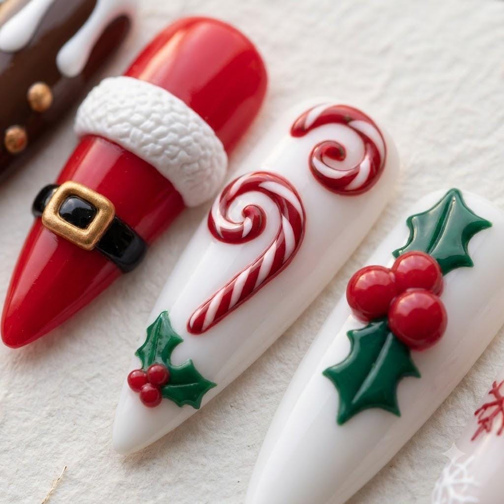 Christmas Press On Nails with Candy Canes, Santa Suit, Chocolate Drips and Holly