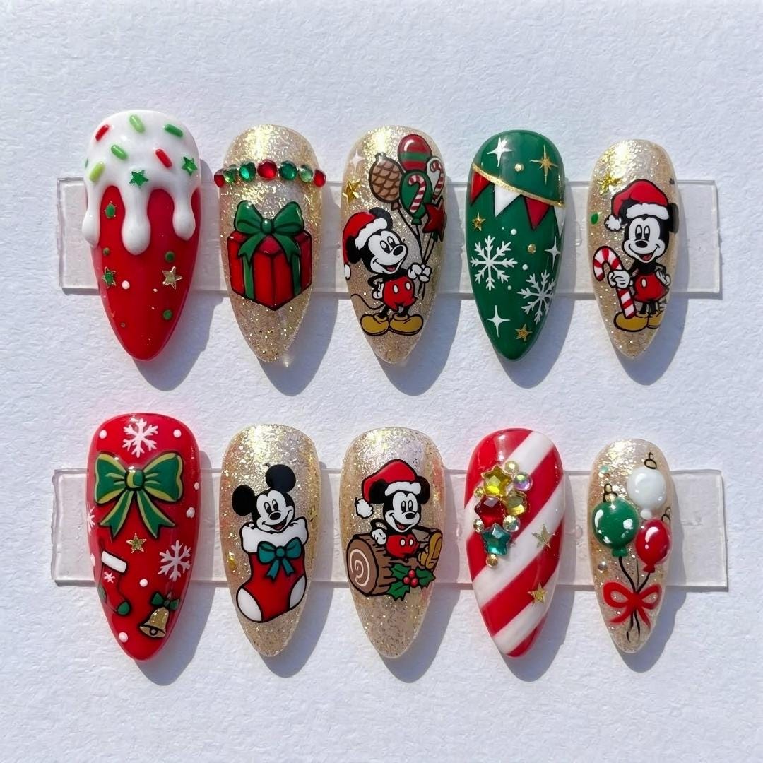 Christmas Press-On Nails With Candy Canes, Snowflakes and Gold Glitter