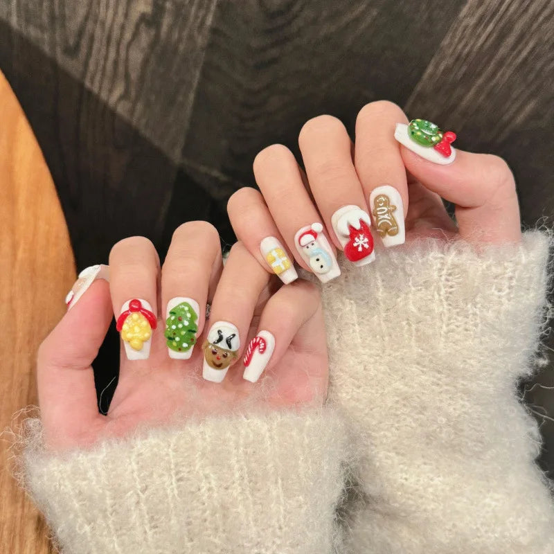 Christmas Press On Nails with Candy Canes, Snowman, Tree and Gingerbread Designs