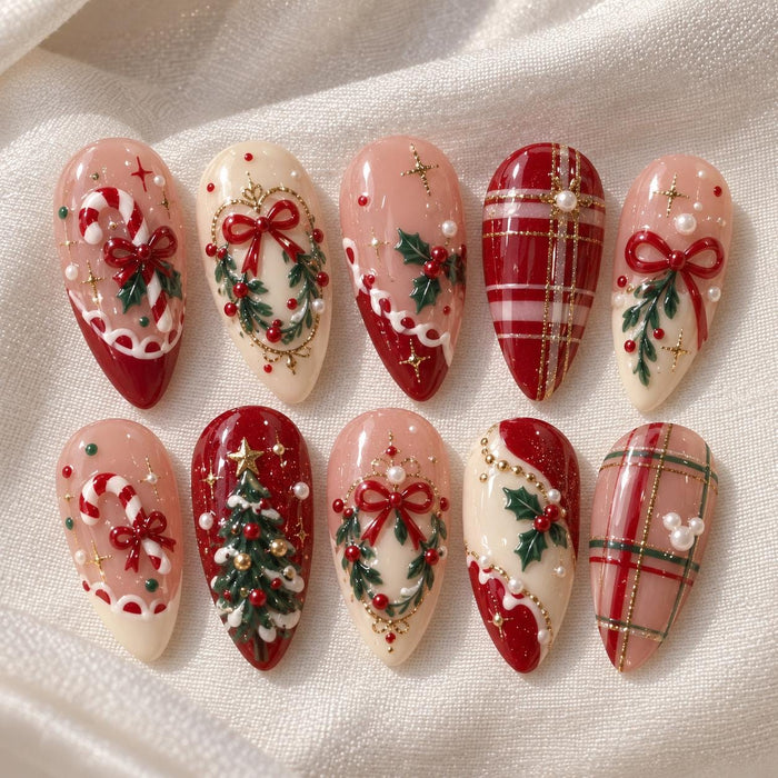 Christmas Press On Nails With Candy Canes, Wreaths, Bows and Plaid