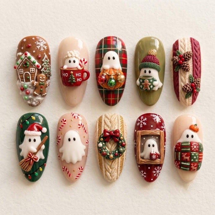Christmas Press On Nails With Ghosts, Gingerbread, Wreaths and Plaid