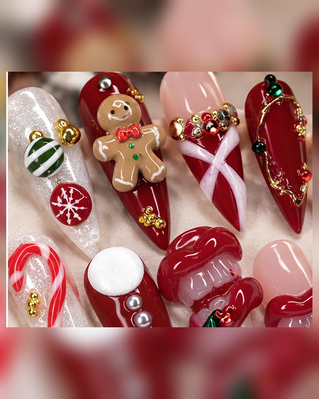 Christmas Press On Nails With Gingerbread, Candy Cane, Rhinestones, and 3D Details