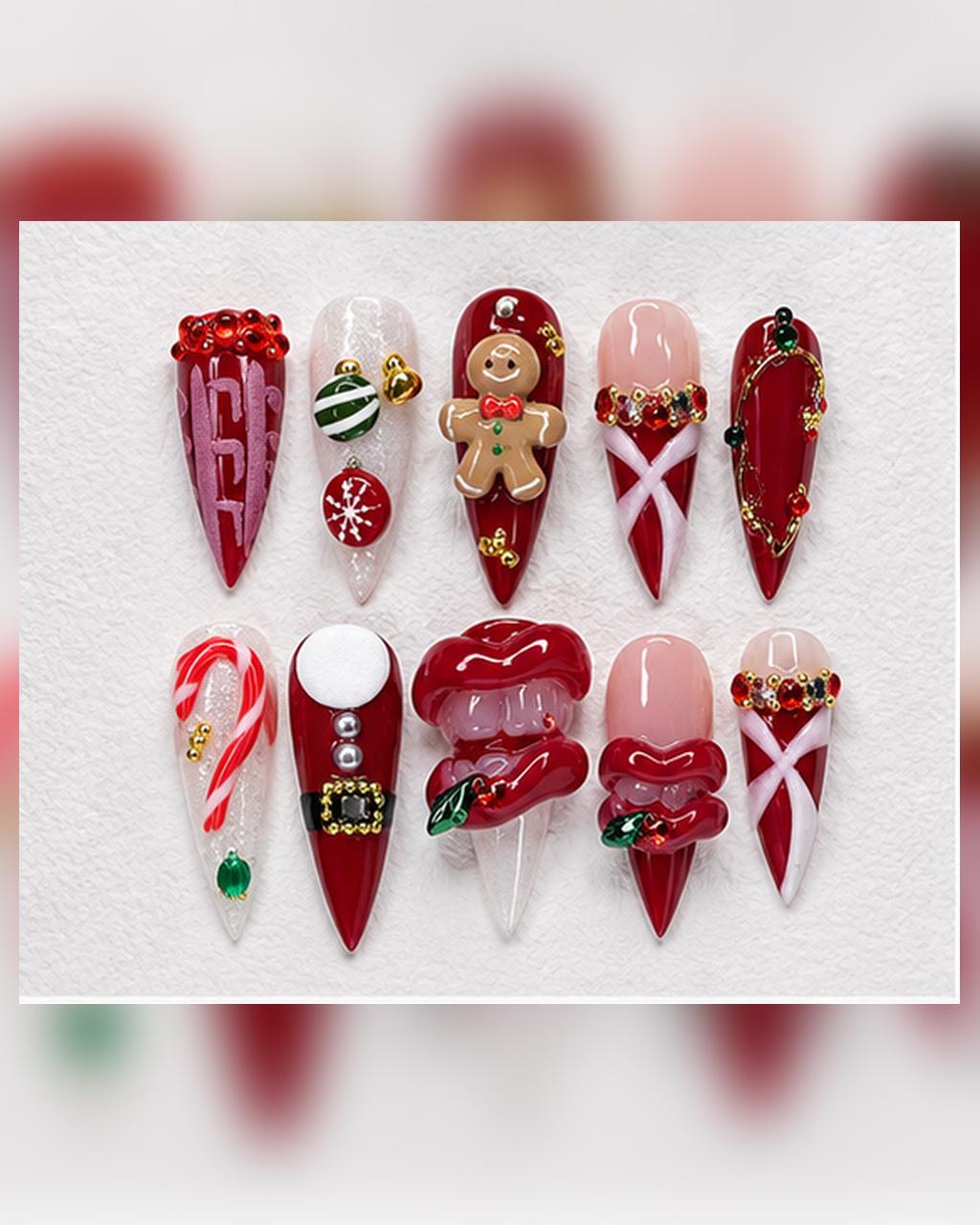 Christmas Press On Nails With Gingerbread, Candy Cane, Rhinestones, and 3D Details