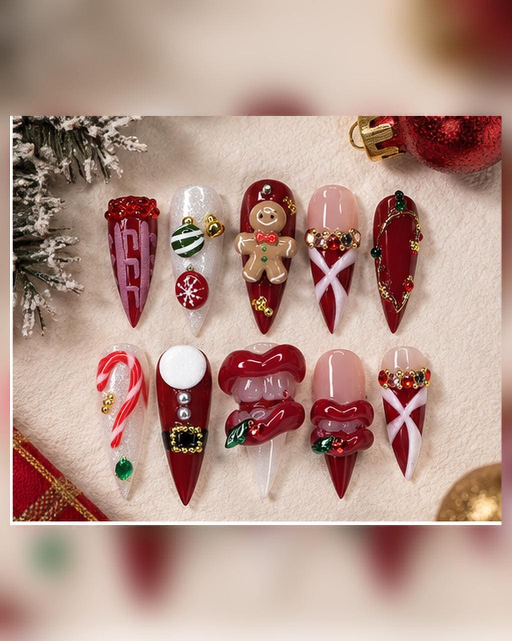 Christmas Press On Nails With Gingerbread, Candy Cane, Rhinestones, and 3D Details