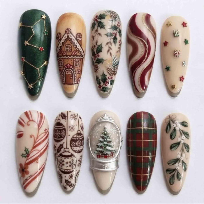 Christmas Press On Nails With Gingerbread House, Snow Globe, and Tartan Plaid