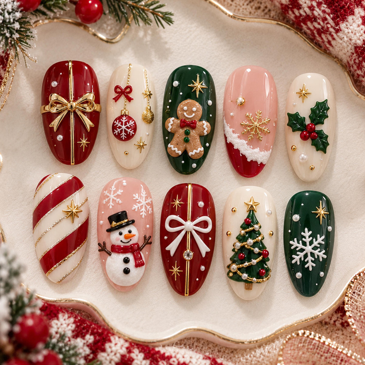 Christmas Press-On Nails with Gingerbread, Snowman, Bows, and Holiday Ornaments