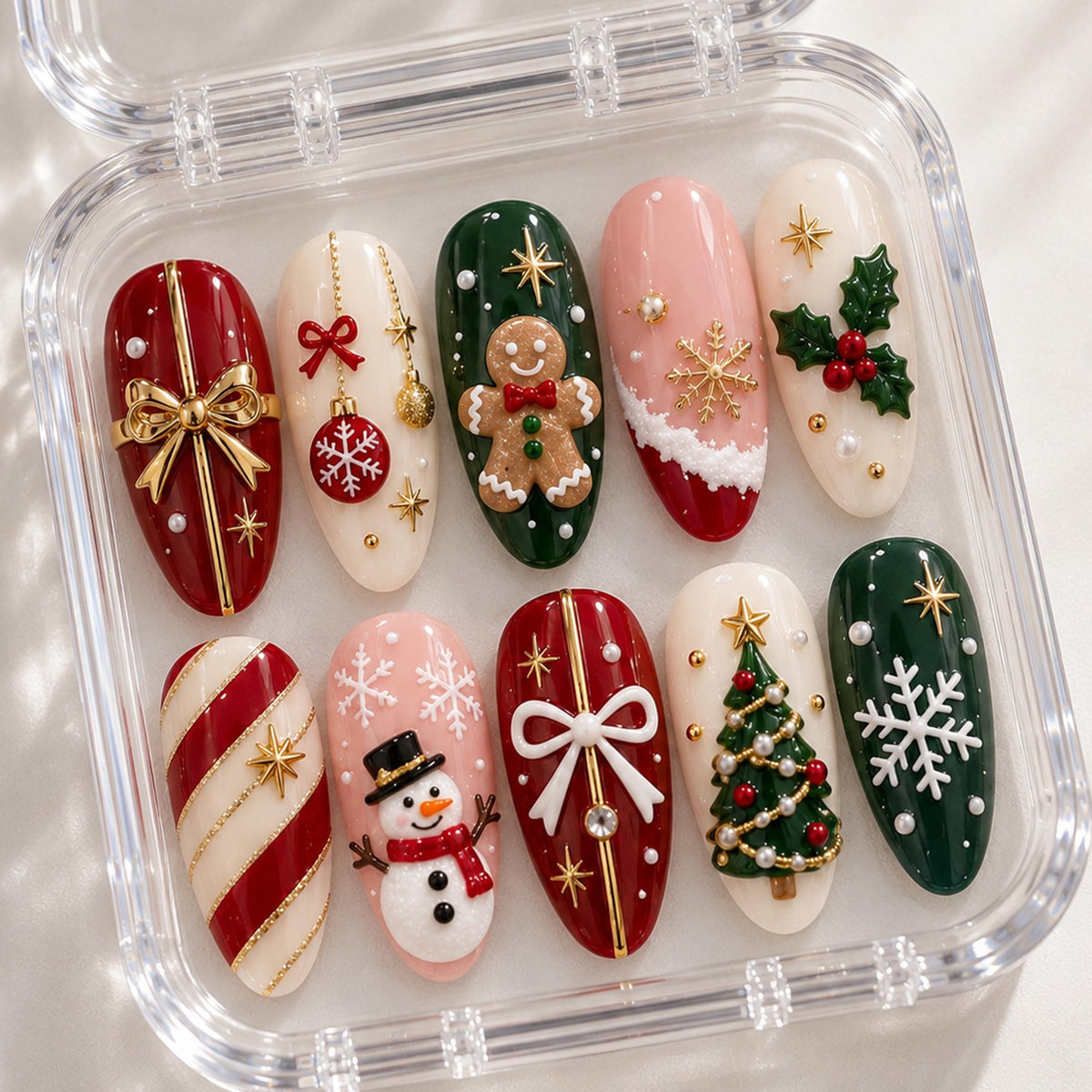 Christmas Press-On Nails with Gingerbread, Snowman, Bows, and Holiday Ornaments