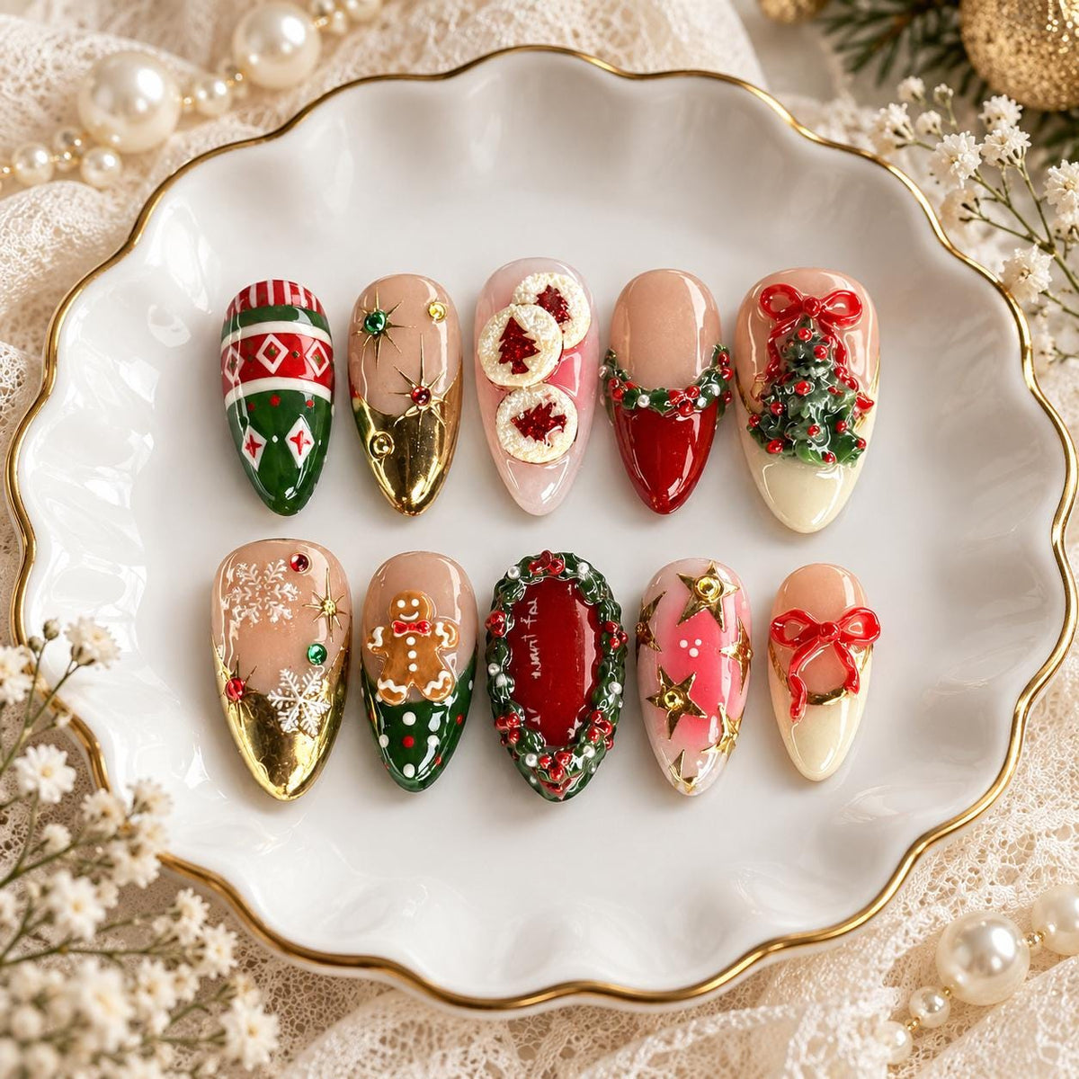 Christmas Press On Nails With Gingerbread, Wreath, Bows, Snowflakes & Argyle