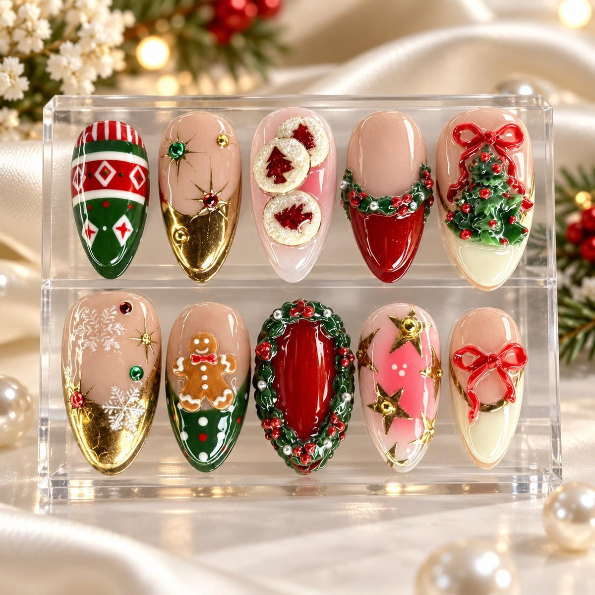 Christmas Press On Nails With Gingerbread, Wreath, Bows, Snowflakes & Argyle