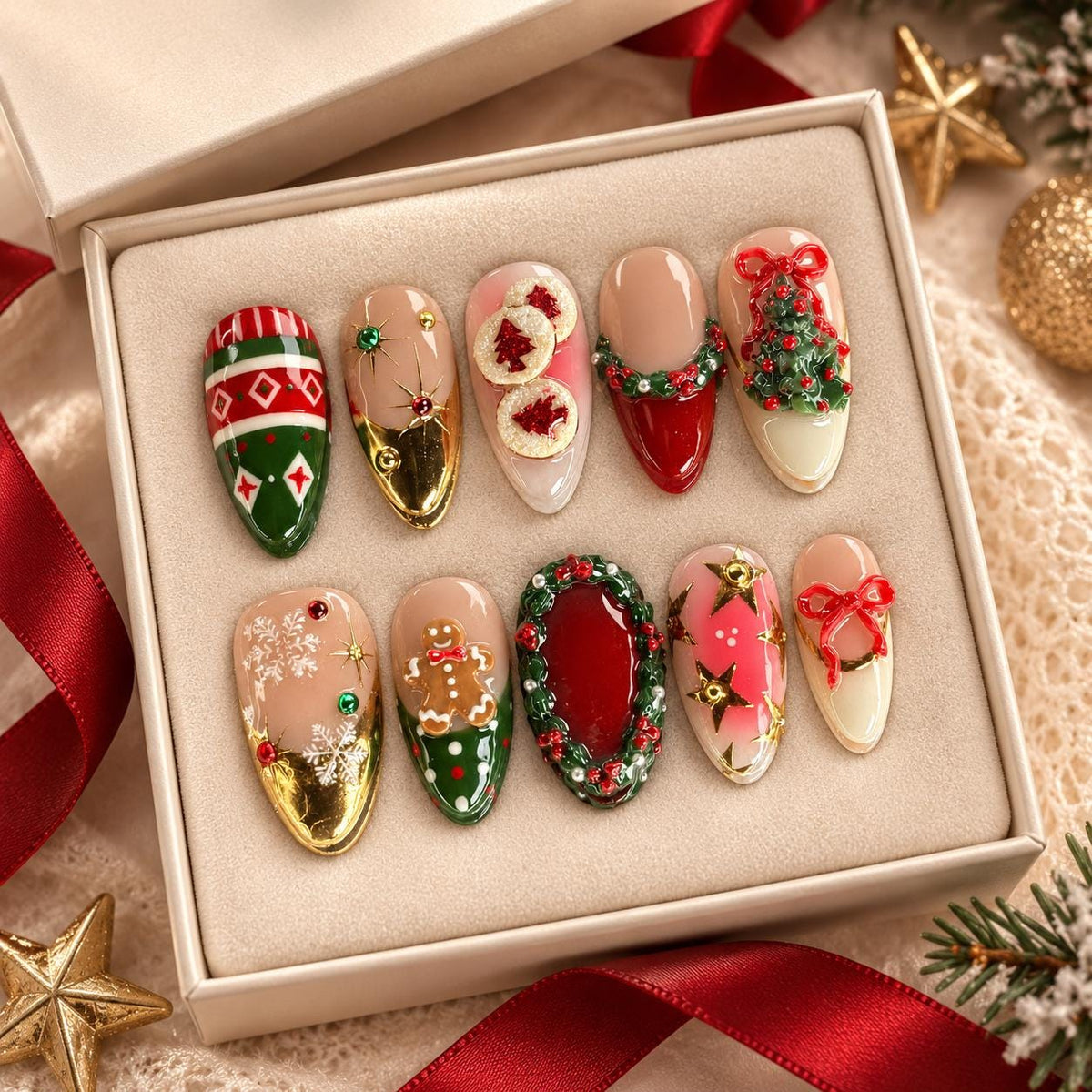 Christmas Press On Nails With Gingerbread, Wreath, Bows, Snowflakes & Argyle