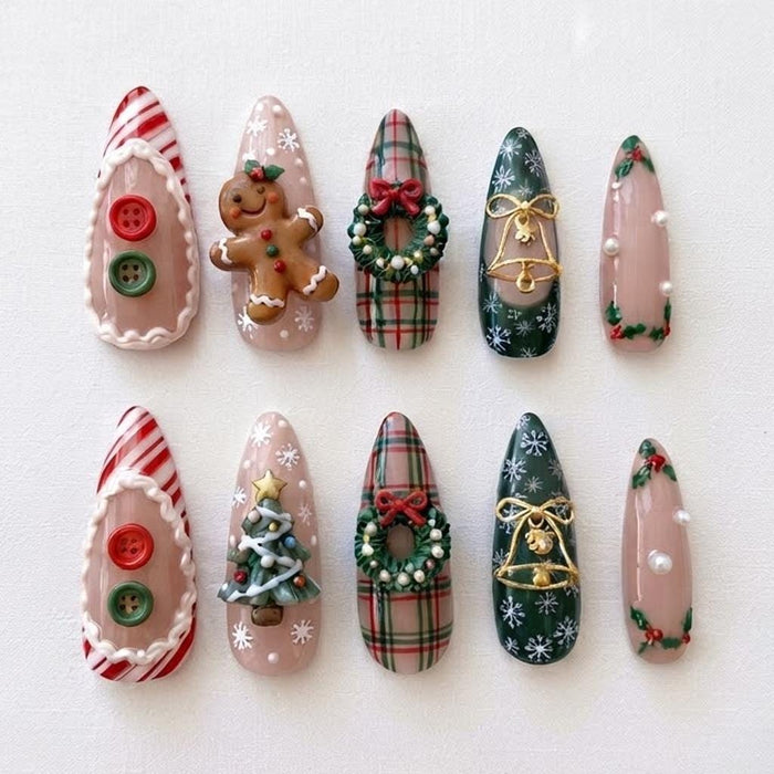 Christmas Press On Nails with Gingerbread, Wreaths, Plaid, and Candy Stripes