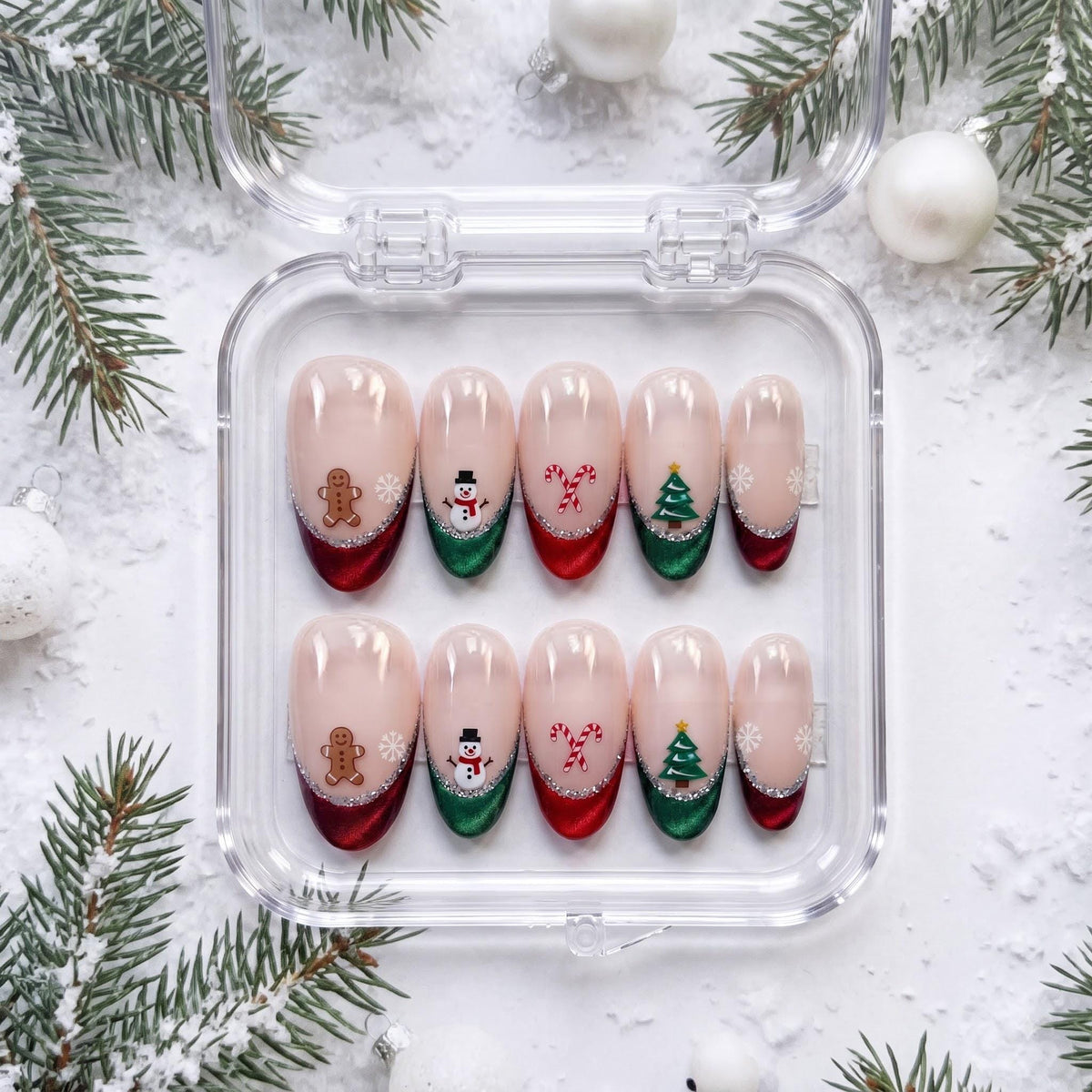 Christmas Press On Nails With Glitter French Tips, Gingerbread, Snowmen and Candy Canes