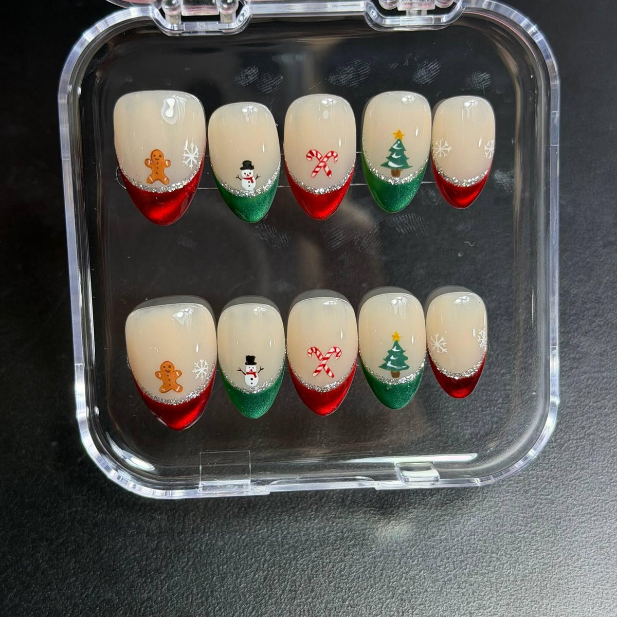 Christmas Press On Nails With Glitter French Tips, Gingerbread, Snowmen and Candy Canes