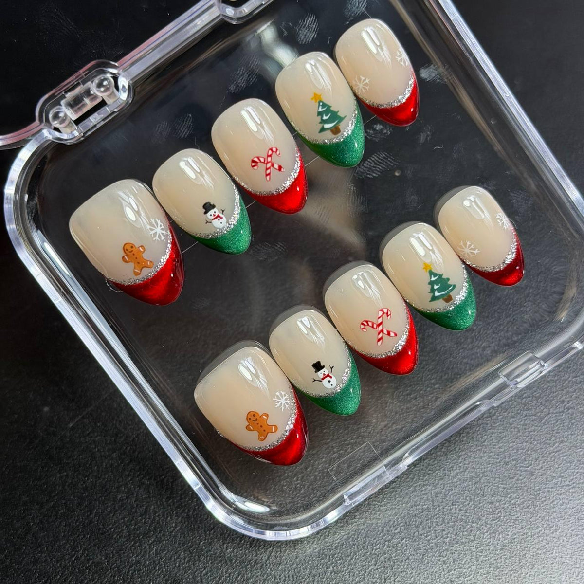 Christmas Press On Nails With Glitter French Tips, Gingerbread, Snowmen and Candy Canes
