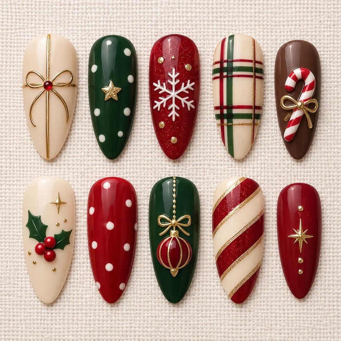 Christmas Press On Nails With Gold Bows, Plaid, Snowflakes and Ornaments