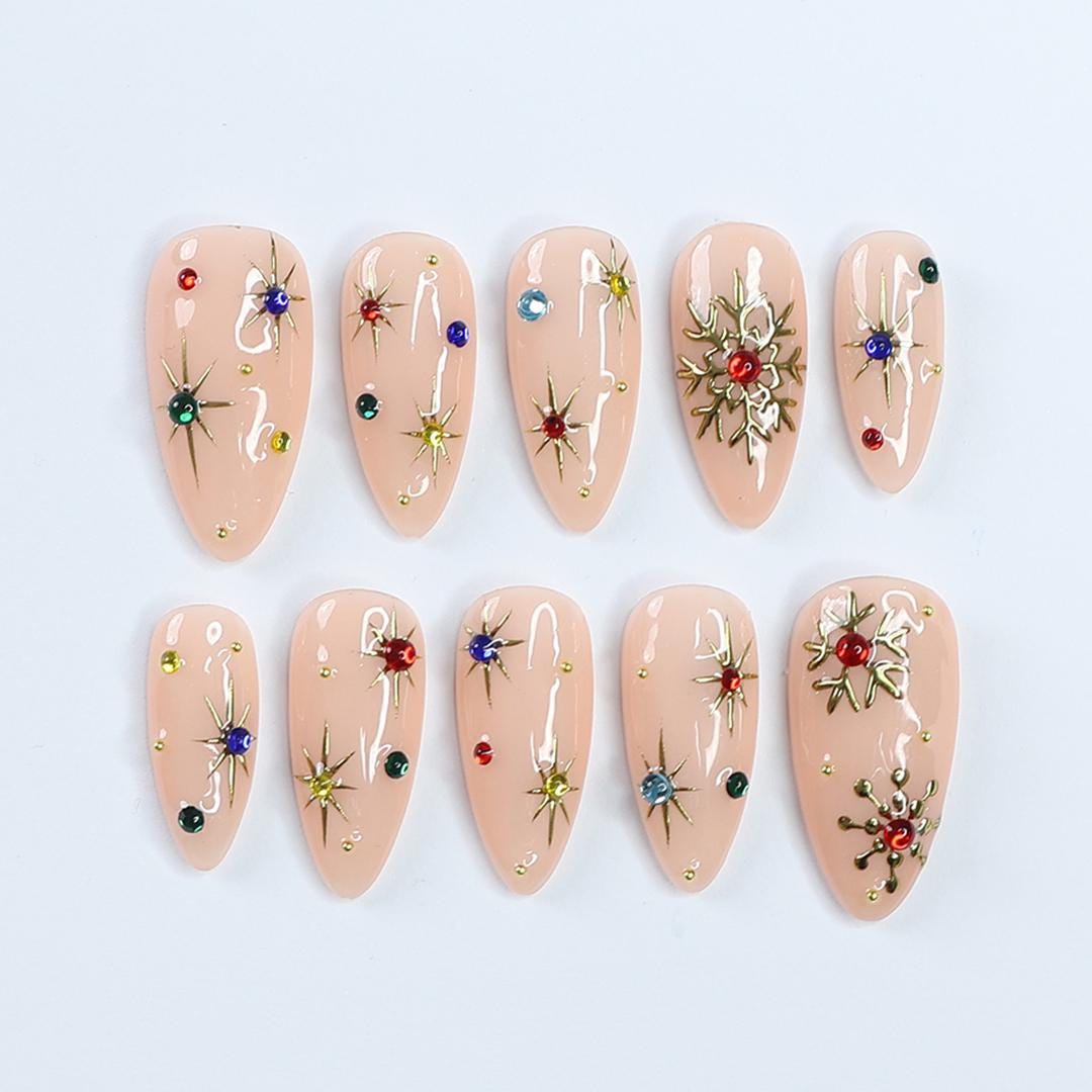 Christmas Press-On Nails with Gold Starbursts, Multicolored Gems and Raised Snowflake Charms