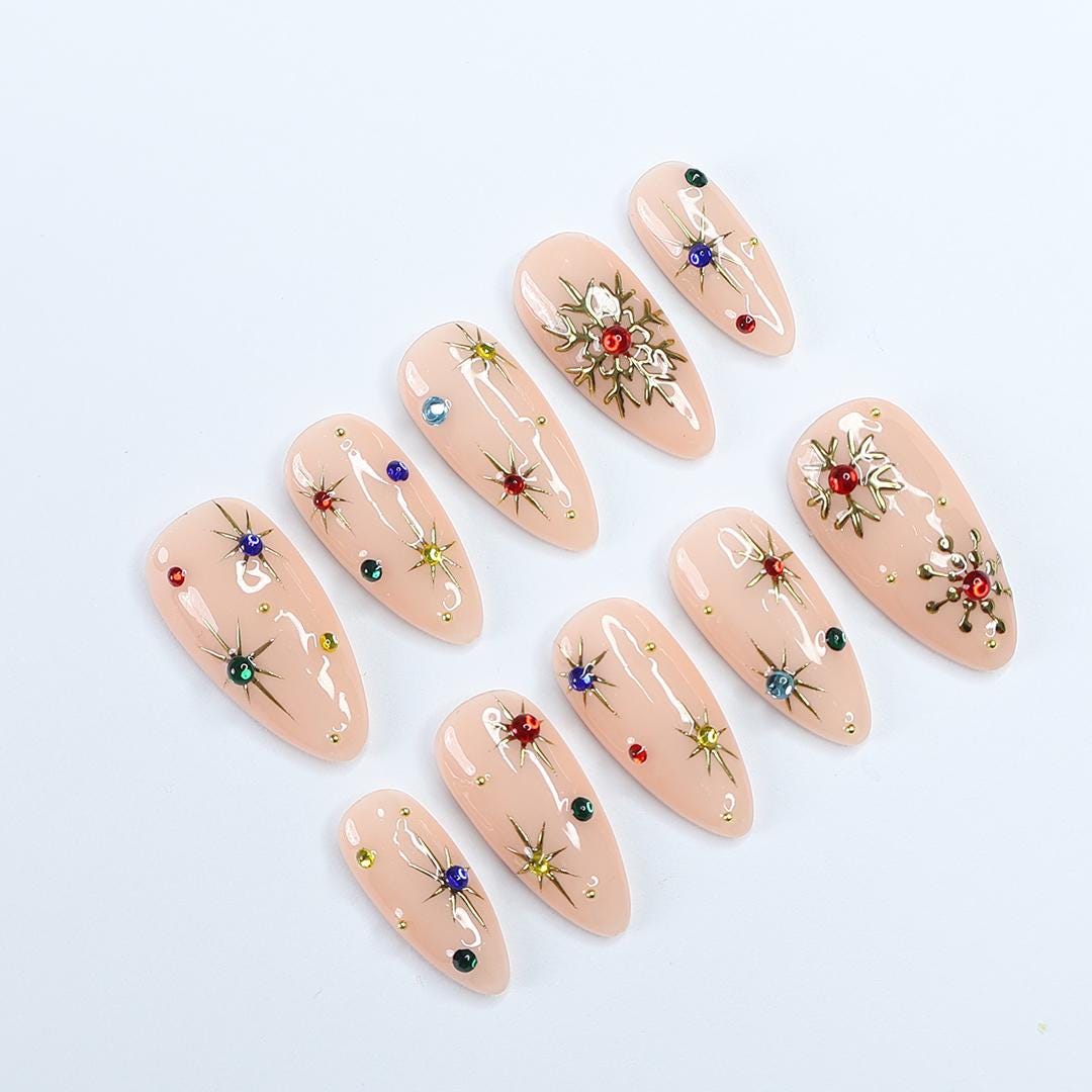 Christmas Press-On Nails with Gold Starbursts, Multicolored Gems and Raised Snowflake Charms