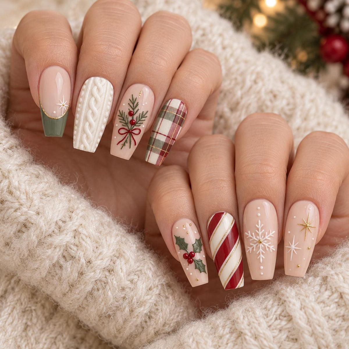 Christmas Press On Nails with Green French Tips, Tartan Plaid and Festive Nail Art