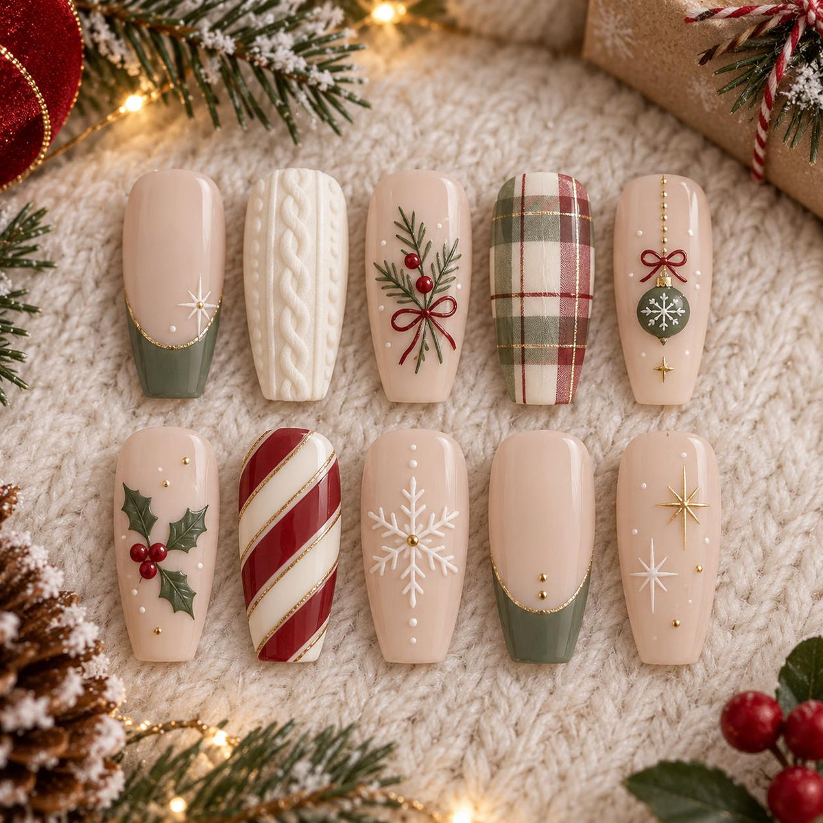 Christmas Press On Nails with Green French Tips, Tartan Plaid and Festive Nail Art