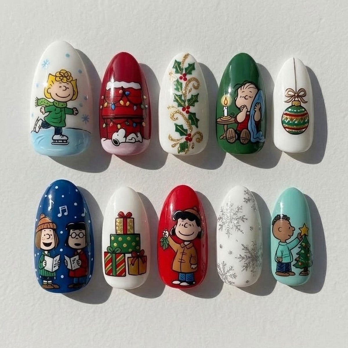 Christmas Press-On Nails With Holiday Characters, Snowflakes, Holly and Gifts