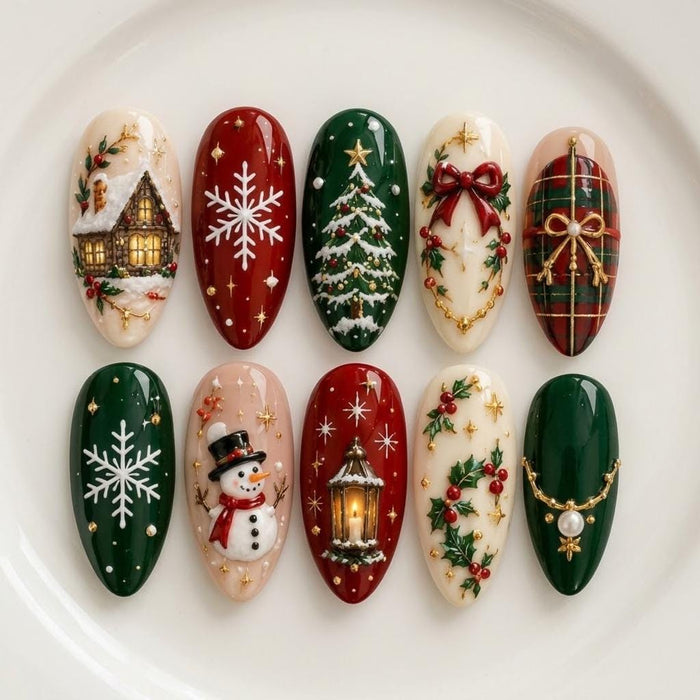 Christmas Press On Nails With Lantern, Snowman, Plaid, and Winter Motifs