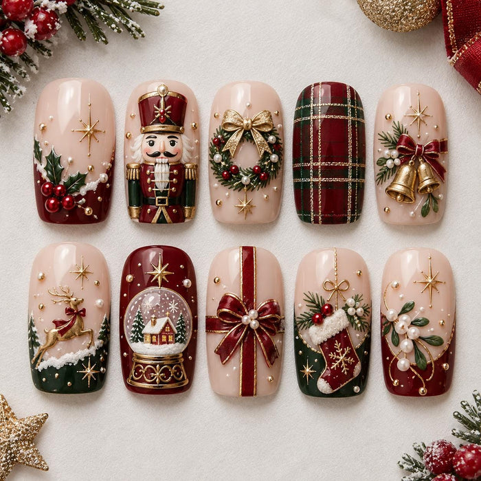 Christmas Press On Nails with Nutcracker, Wreath, Plaid and Gold Details