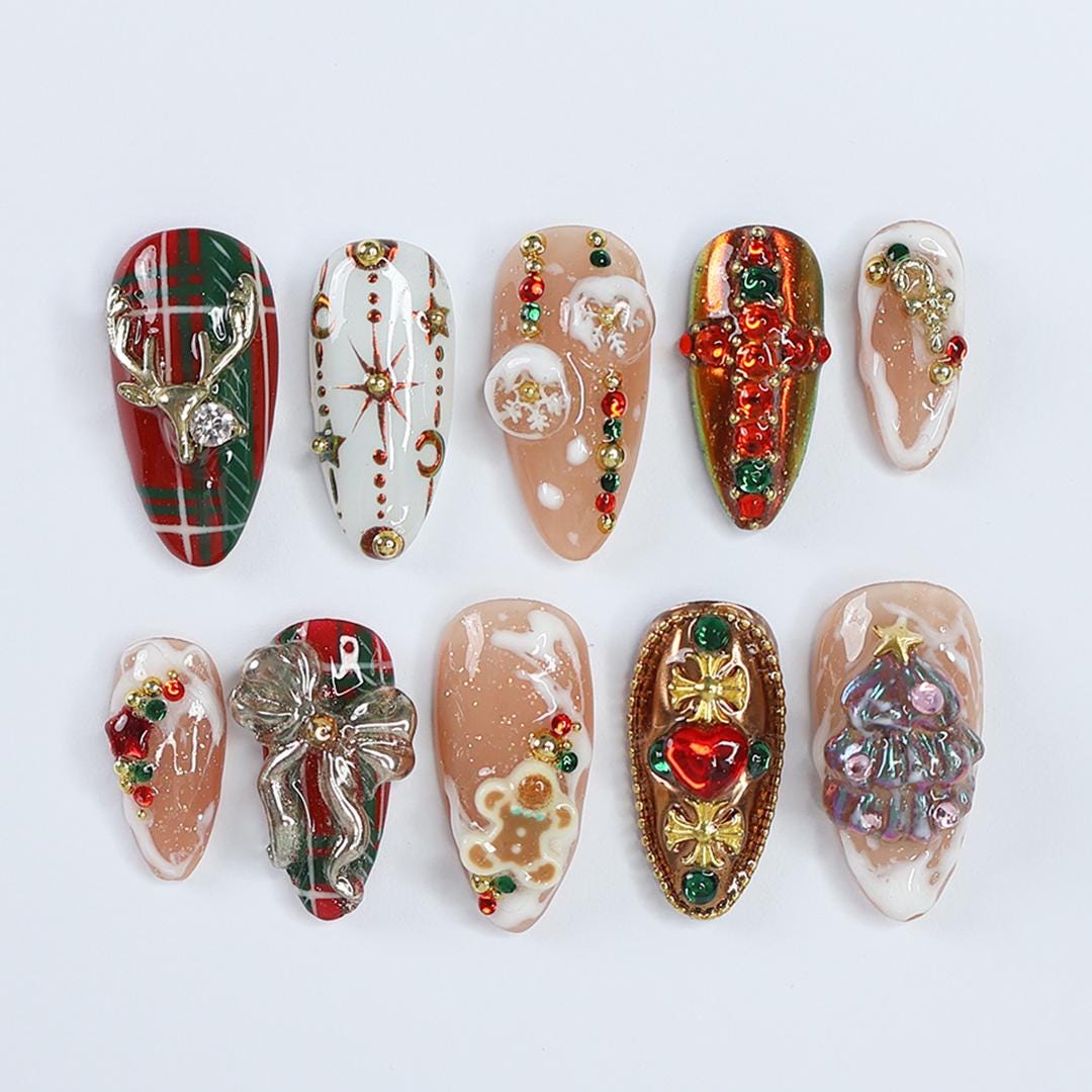 Christmas Press-On Nails with Plaid, 3D Trees, Bows and Rhinestones