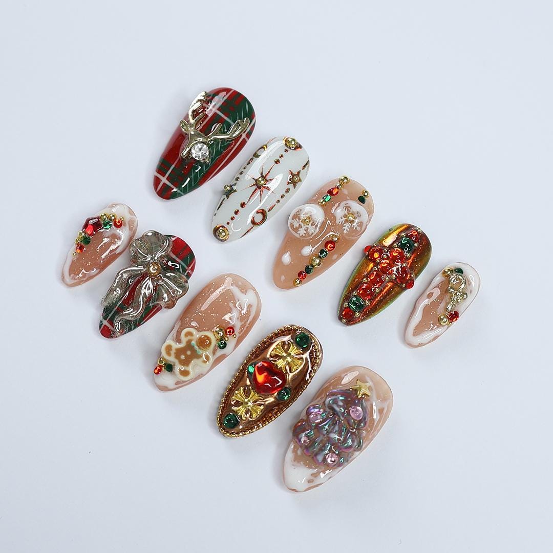 Christmas Press-On Nails with Plaid, 3D Trees, Bows and Rhinestones