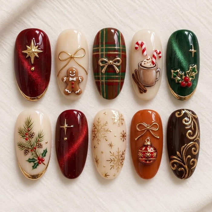 Christmas Press-On Nails with Plaid, Candy Canes, Gingerbread, Holly and Gold Details