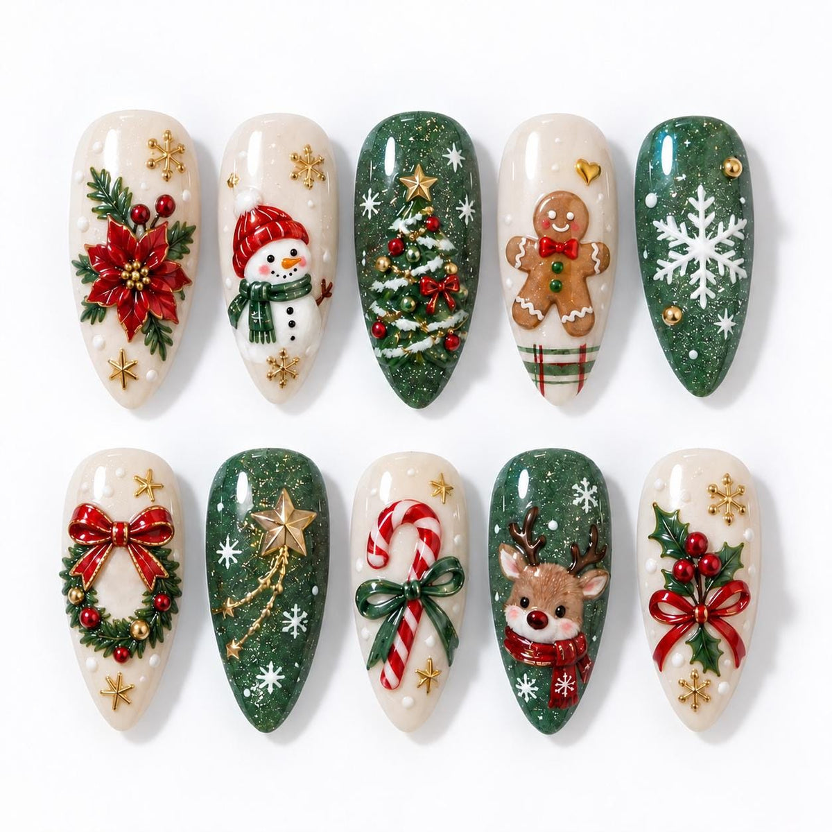 Christmas Press On Nails With Poinsettias, Bows, Snowflakes and 3D Holiday Characters