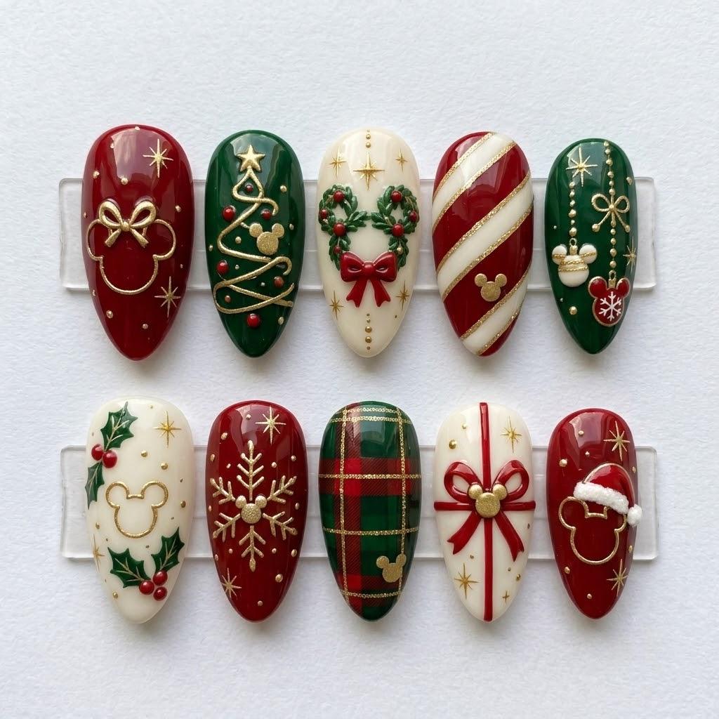 Christmas Press-On Nails with Red and Green Plaid, Gold Bows, Holly and Mouse-Ear Motifs