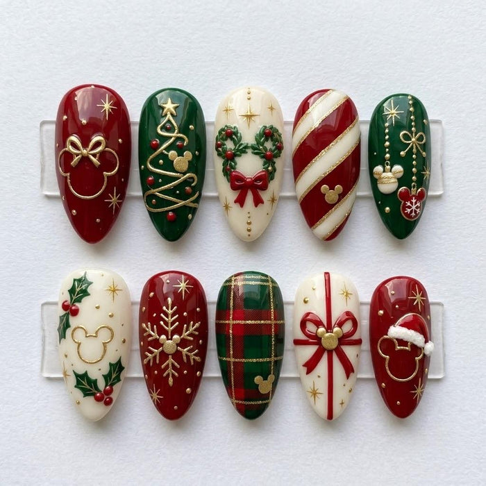 Christmas Press-On Nails with Red and Green Plaid, Gold Bows, Holly and Mouse-Ear Motifs