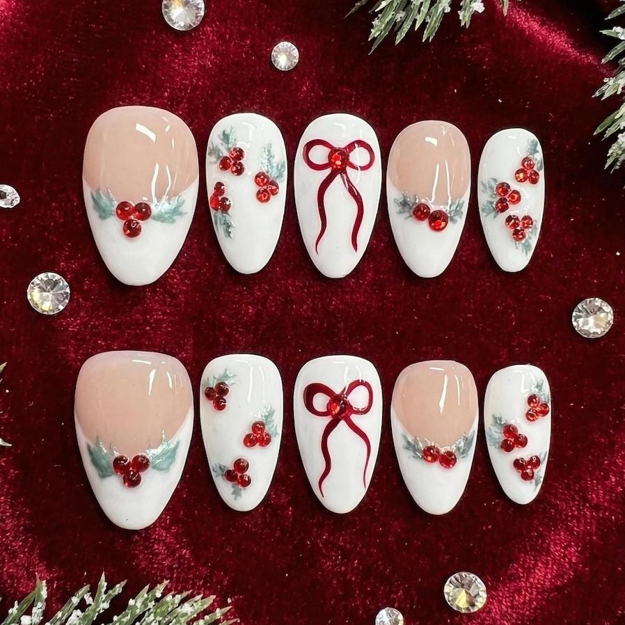 Christmas Press On Nails with Red Bows, Holly Leaves & Berry Accents