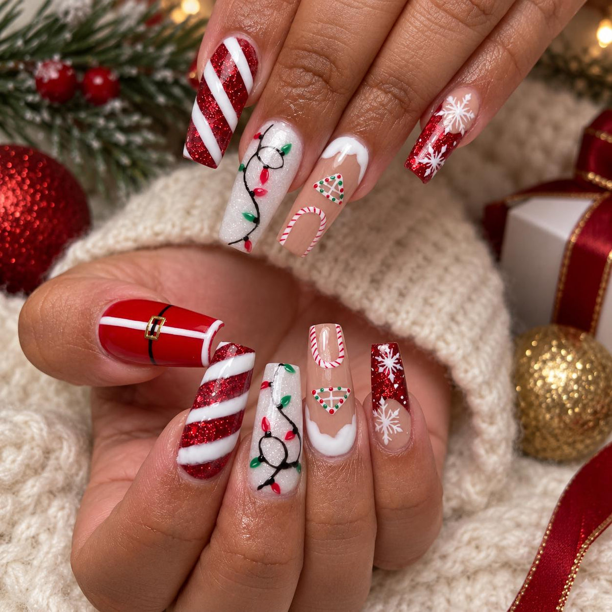 Christmas Press On Nails With Red Glitter Candy Canes, Holiday Lights and Snowflakes