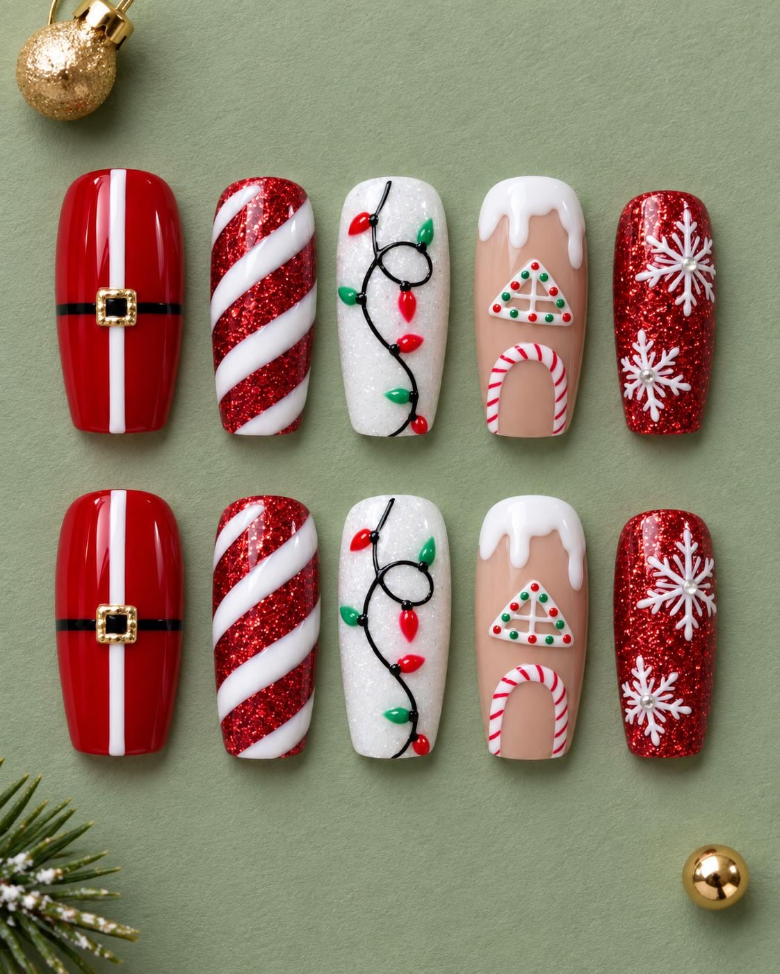 Christmas Press On Nails With Red Glitter Candy Canes, Holiday Lights and Snowflakes